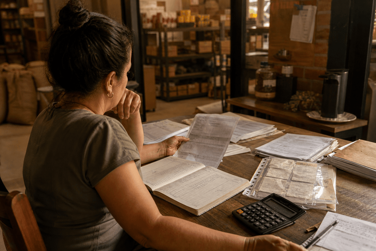 Empresária revisa comprovantes, notas e registros da operação diante do estoque de sua empresa.