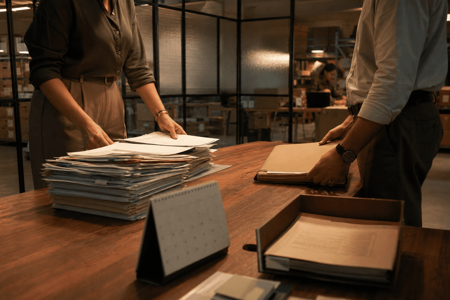 Duas pessoas organizam documentos de resposta em frentes distintas numa sala ligada à operação da empresa.