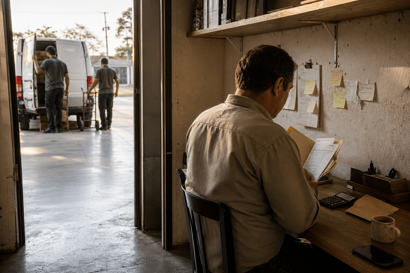 Gestor confere documentos na área administrativa enquanto a equipe prepara uma van de entregas ao fundo.