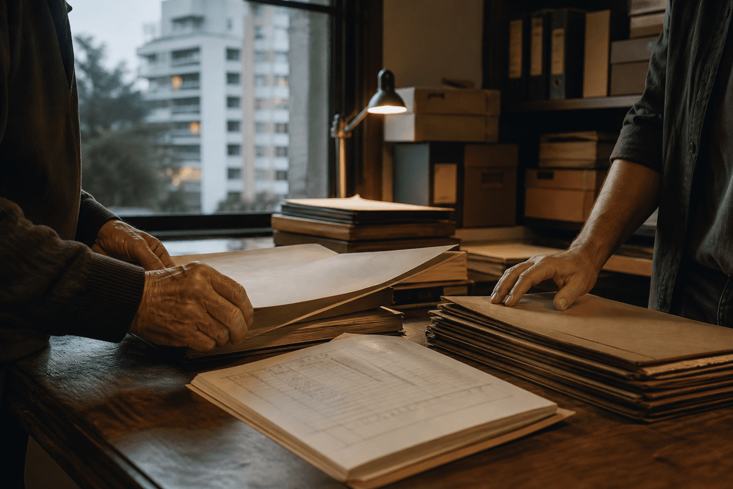 Duas gerações organizam documentos societários e patrimoniais em uma mesa de trabalho, com edifícios urbanos ao fundo.