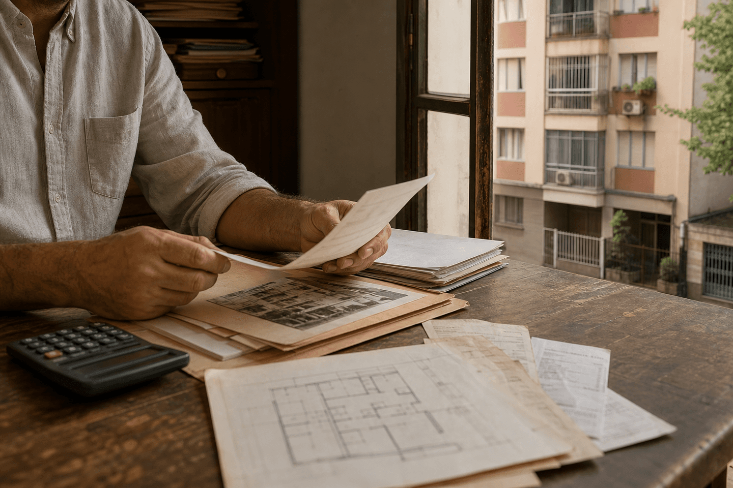 Proprietário compara documentos e planta de um imóvel diante de um edifício residencial comum.