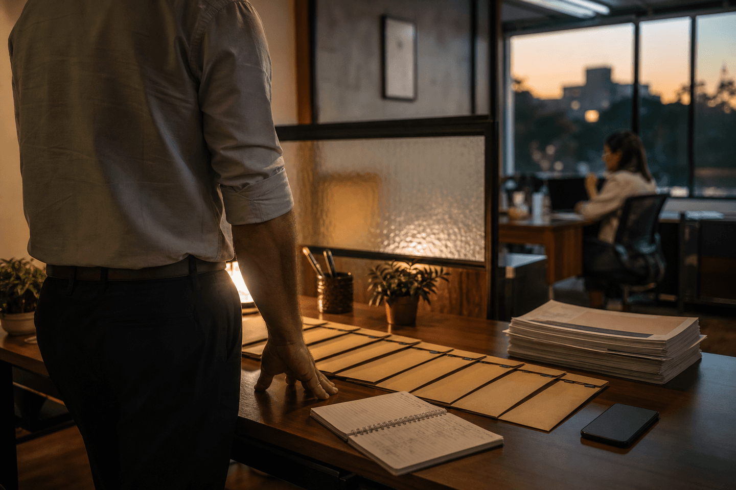 Empresário organiza uma sequência de documentos antes de uma conversa decisiva, com colega trabalhando ao fundo.