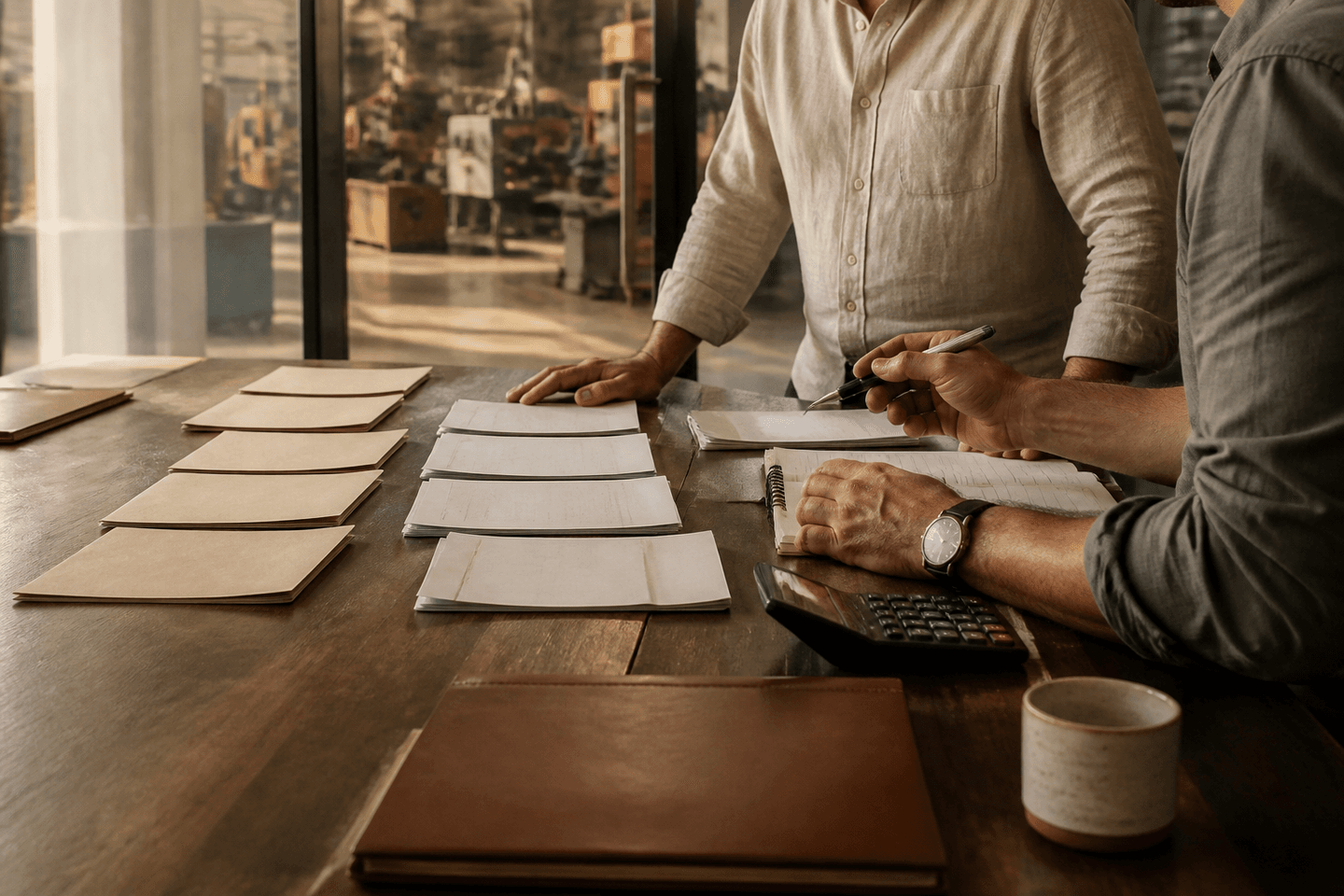 Empresário e contador analisam duas sequências de documentos sobre uma mesa de madeira, diante da operação da empresa ao fundo.