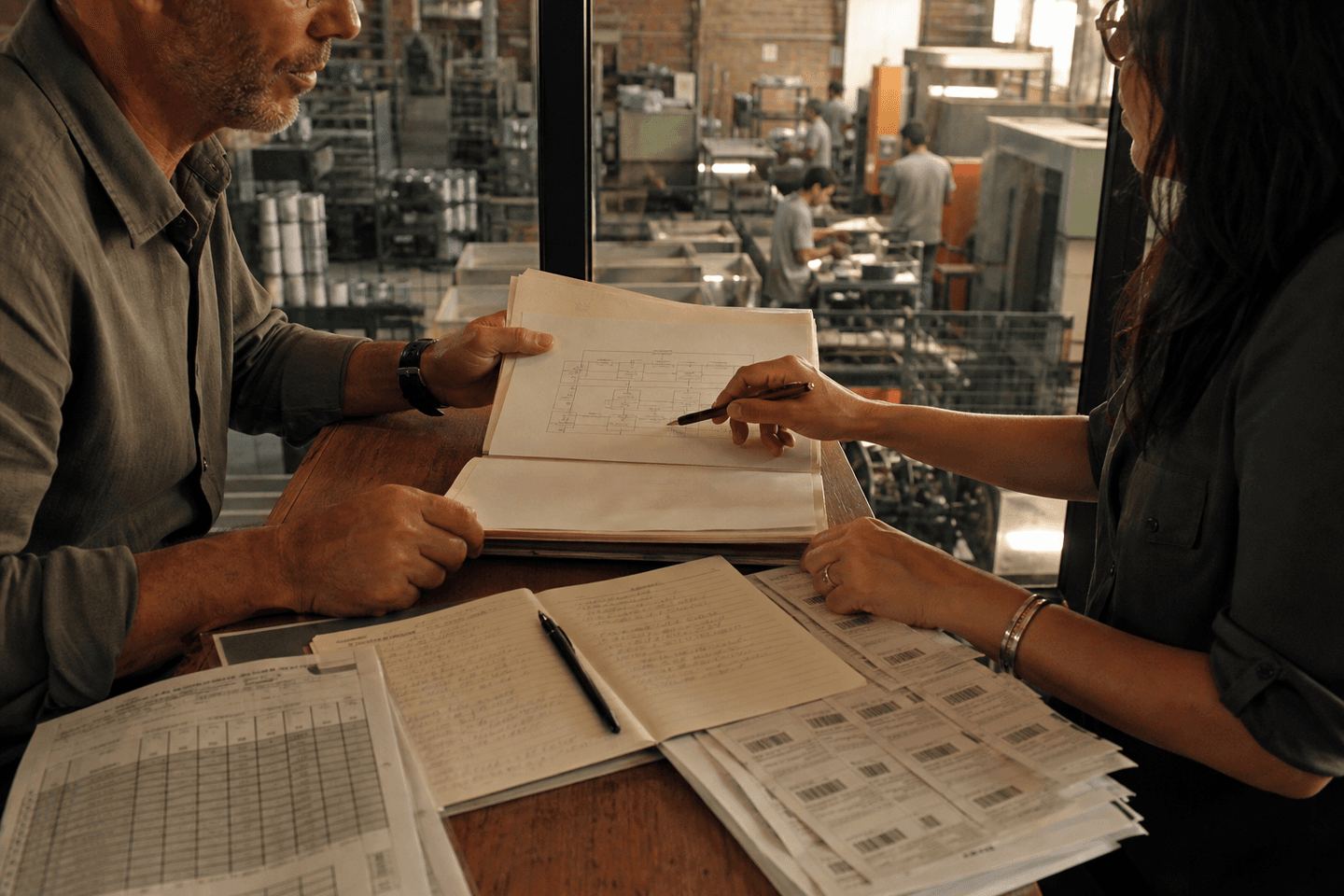Gestor e profissional financeiro confrontam documentos da empresa com a operação real da fábrica ao fundo.