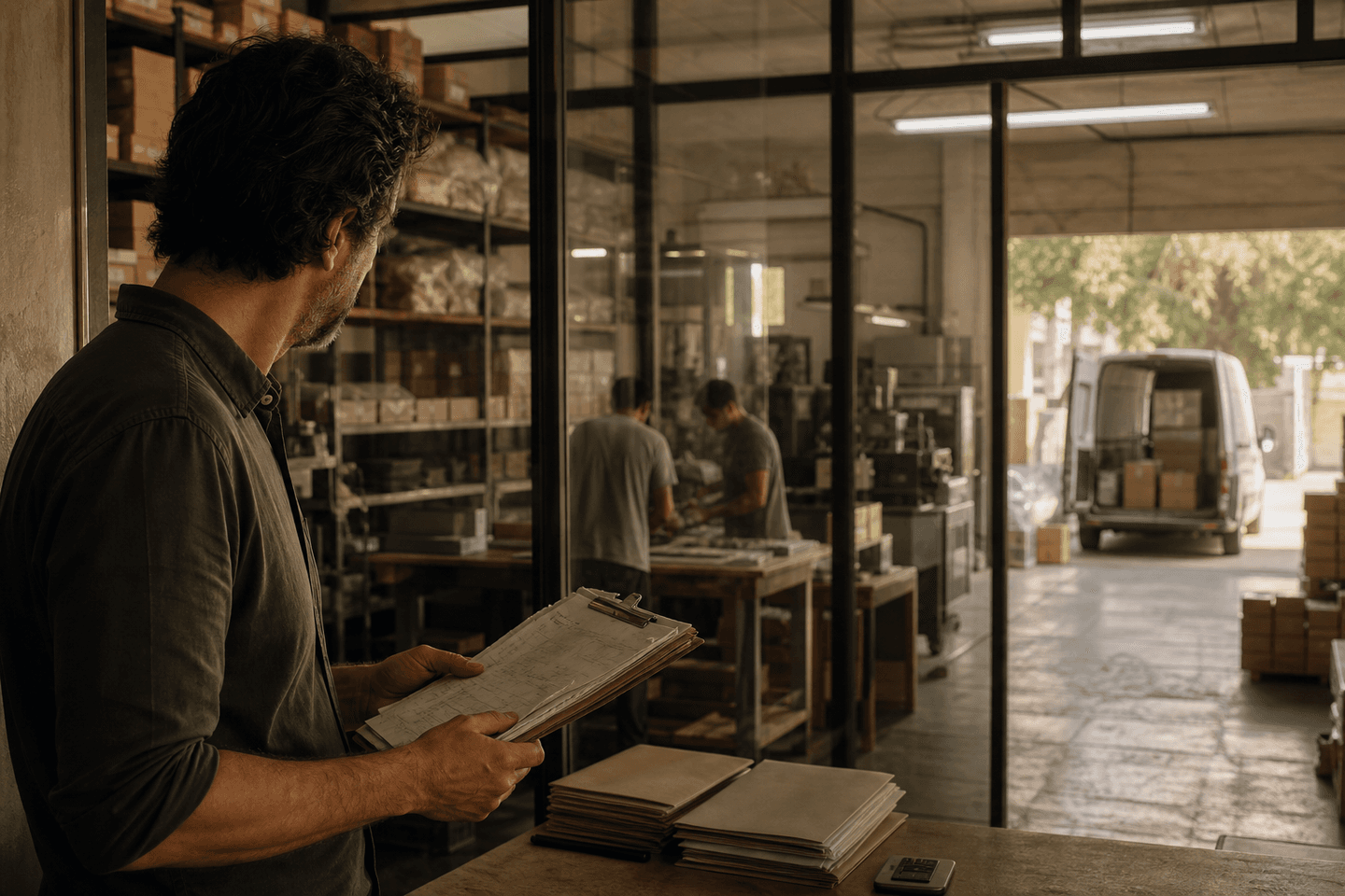 Dono de pequena empresa observa estoque, equipe e uma van de entrega enquanto revisa documentos da operação em crescimento.