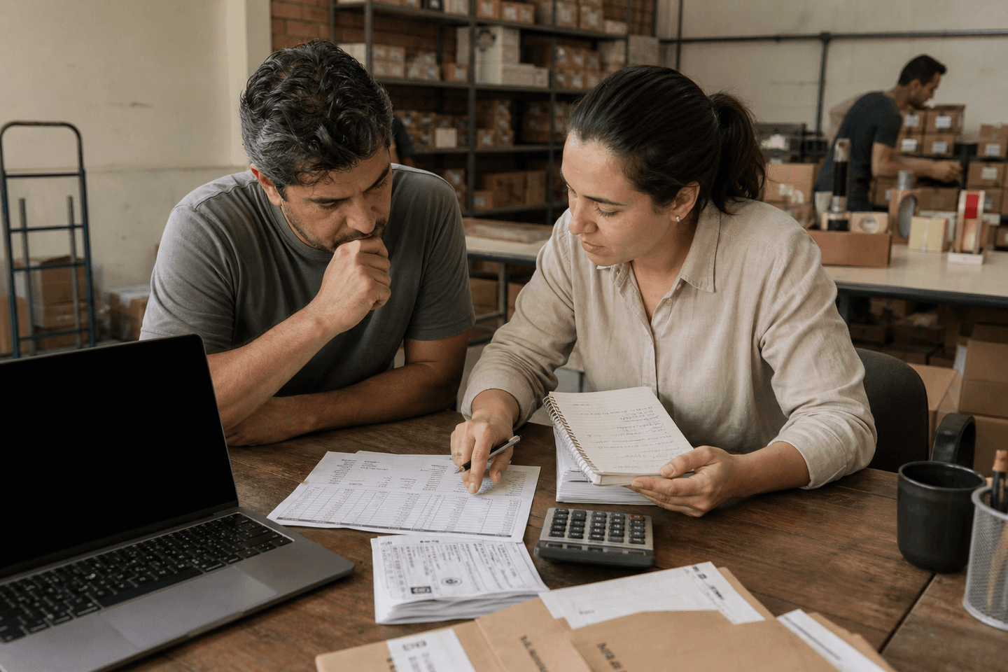 Dono e responsável financeiro conferem premissas, documentos e uma calculadora em uma operação de distribuição.